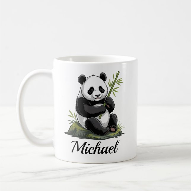 Taza De Café Personalized Cute Panda Bear With Greenery Bamboo (Izquierda)