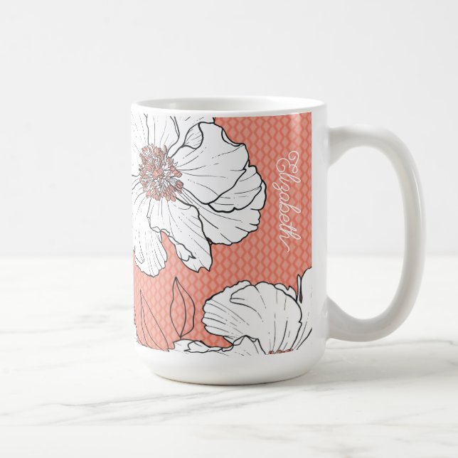 Taza De Café Personalized Elegant White Florals on Coral (Derecha)