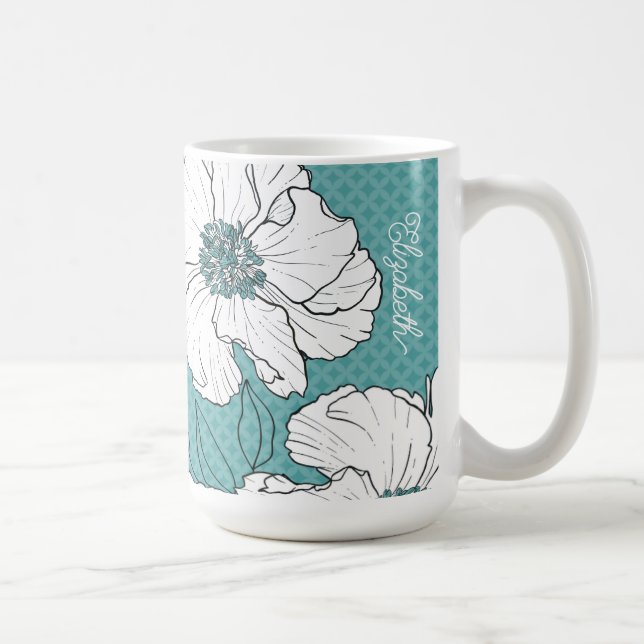 Taza De Café Personalized Elegant White Florals on Teal (Derecha)