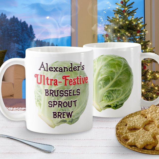 Taza De Café Personalized Festive Brussels Sprout Brew Funny (A funny and festive personalized Christmas mug, with brussels sprout pictures and humorous caption)