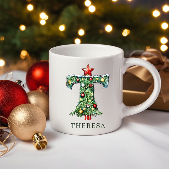 Taza De Café Personalized Festive Christmas Tree Monogram T (Personalized Festive Christmas Tree Monogram T Coffee Mug)