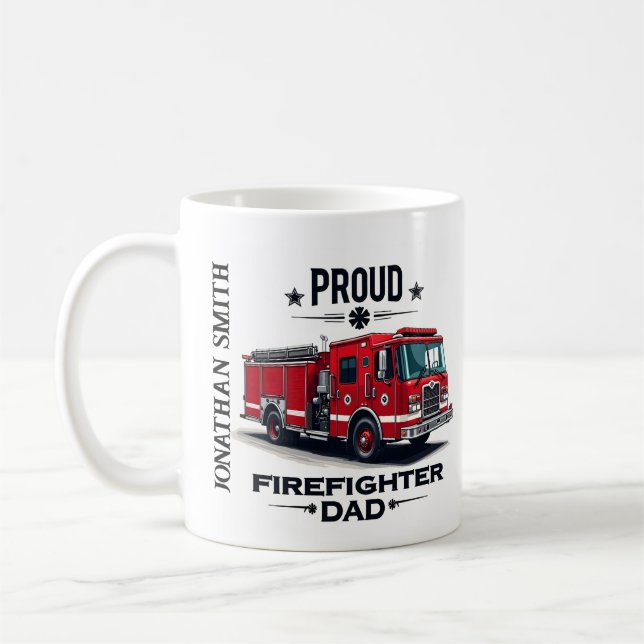 Taza De Café Personalized Firefighter Dad Name W/ Firetruck (Izquierda)