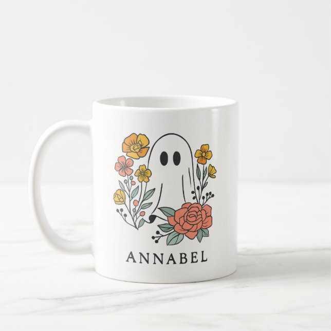 Taza De Café Personalized Ghost Floral Mug – Cute Halloween (Izquierda)