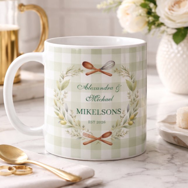 Taza De Café Personalized Green Gingham Newlywed Wedding (Subido por el creador)