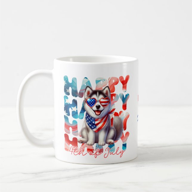 Taza De Café Personalized Happy 4th of July Husky Dog (Izquierda)