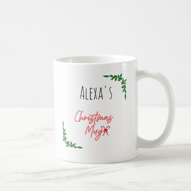 Taza De Café Personalized Holly Berry Candy Cane Name Christmas (Derecha)