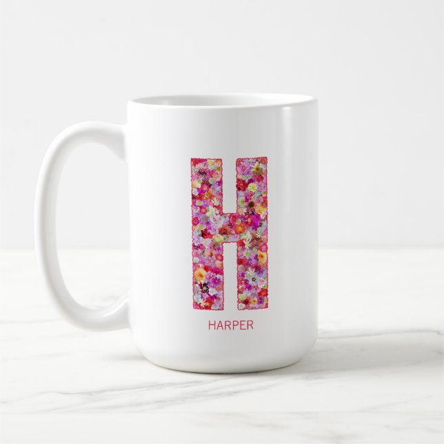 Taza De Café Personalized Initial | Floral Letter H Monogram  (Izquierda)