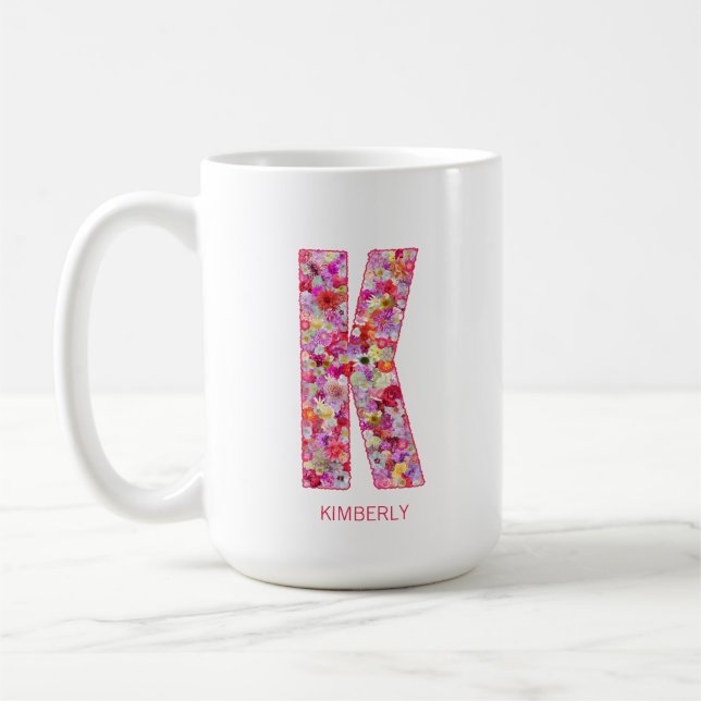 Taza De Café Personalized Initial | Floral Letter K Monogram  (Izquierda)
