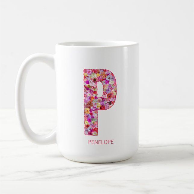 Taza De Café Personalized Initial | Floral Letter P Monogram  (Izquierda)