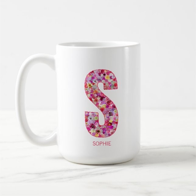 Taza De Café Personalized Initial | Floral Letter S Monogram  (Izquierda)