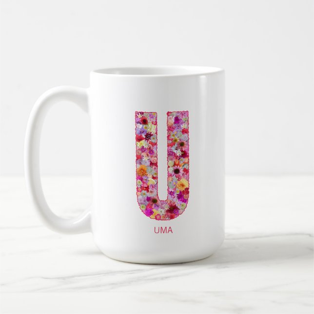 Taza De Café Personalized Initial | Floral Letter U Monogram  (Izquierda)