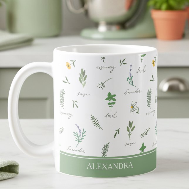 Taza De Café Personalized Kitchen Garden Botanical Mug (elegant personalized kitchen herb garden botanical floral sage green mug with custom name)