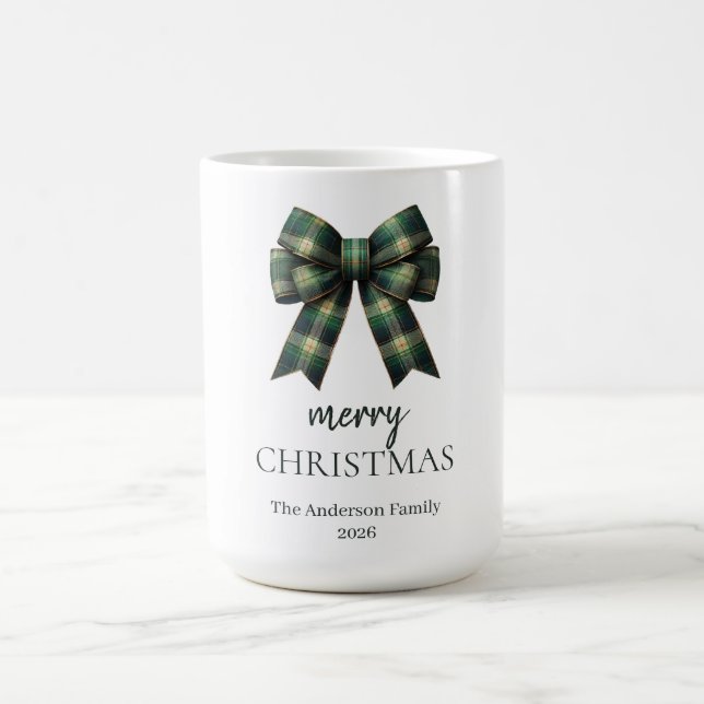 Taza De Café Personalized Merry Christmas | Green Plaid Bow (Centro)