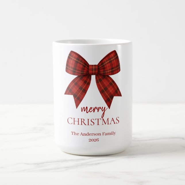 Taza De Café Personalized Merry Christmas | Red Plaid Bow (Centro)