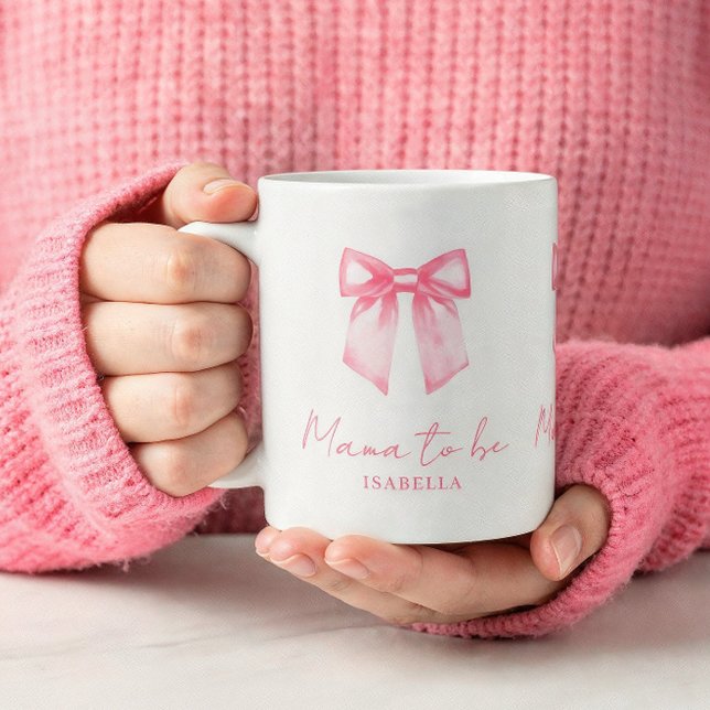 Taza De Café Personalized Modern Mama To Be Pink Bow Mug (An 11-oz mug is shown. Customize it with name and choose mug style and size.)