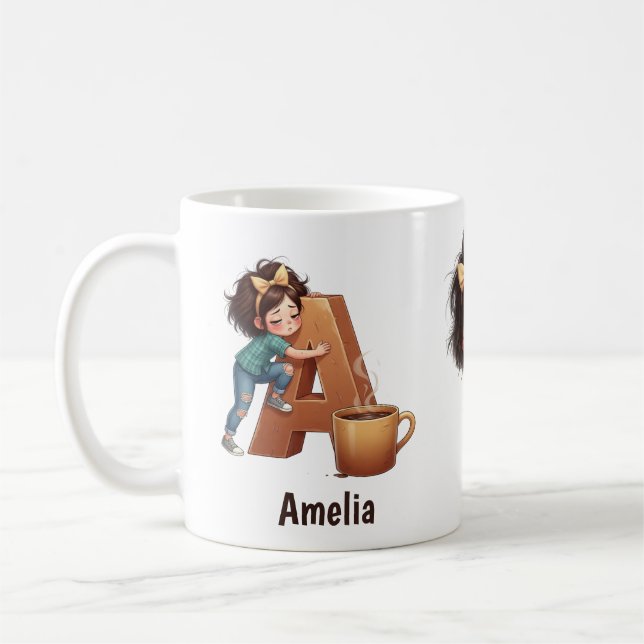 Taza De Café Personalized Name & A Sleepy Morning Plaid Charact (Izquierda)