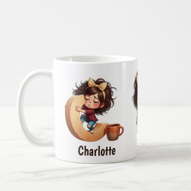 Taza De Café Personalized Name & C Sleepy Morning Plaid Charact (Izquierda)