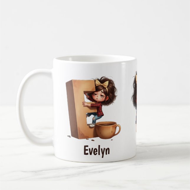 Taza De Café Personalized Name & E Sleepy Morning Plaid Charact (Izquierda)