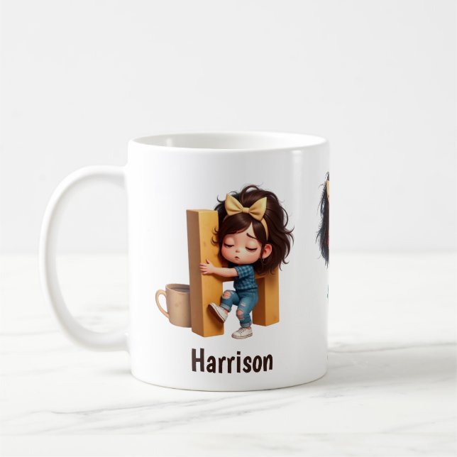 Taza De Café Personalized Name & H Sleepy Morning Plaid Charact (Izquierda)