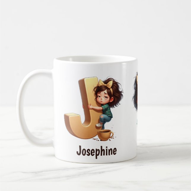 Taza De Café Personalized Name & J Sleepy Morning Plaid Charact (Izquierda)