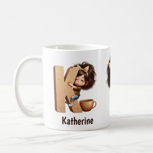 Taza De Café Personalized Name & K Sleepy Morning Plaid Charact (Izquierda)