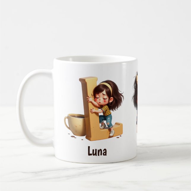 Taza De Café Personalized Name & L Sleepy Morning Plaid Charact (Izquierda)