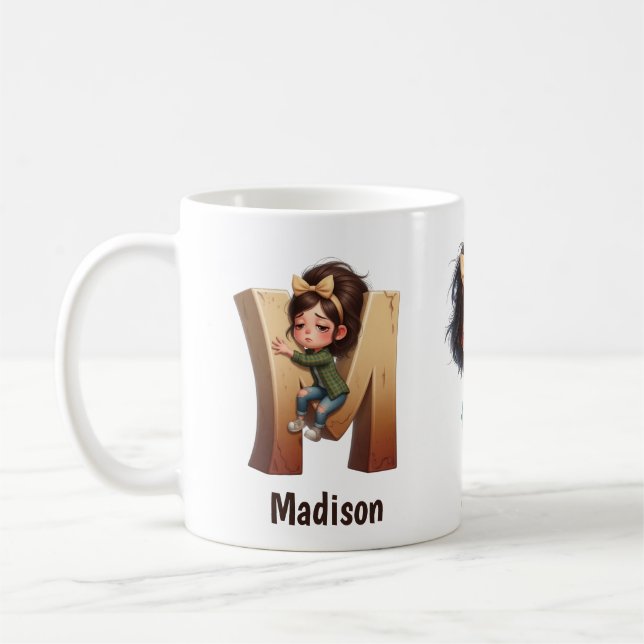 Taza De Café Personalized Name & M Sleepy Morning Plaid Charact (Izquierda)