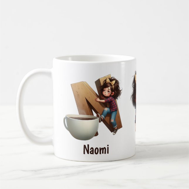 Taza De Café Personalized Name & N Sleepy Morning Plaid Charact (Izquierda)