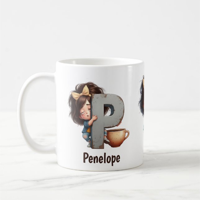 Taza De Café Personalized Name & P Sleepy Morning Plaid Charact (Izquierda)