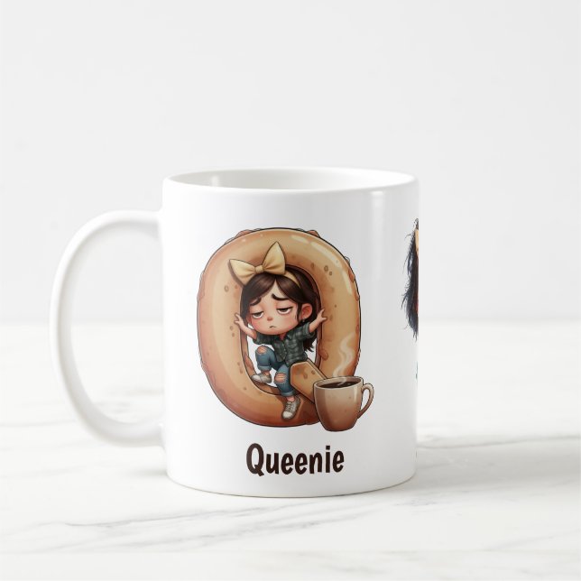 Taza De Café Personalized Name & Q Sleepy Morning Plaid Charact (Izquierda)