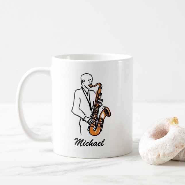 Taza De Café Personalized Name Saxophone Player – Music Lover (Con donut)