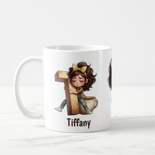 Taza De Café Personalized Name & T Sleepy Morning Plaid Charact (Izquierda)