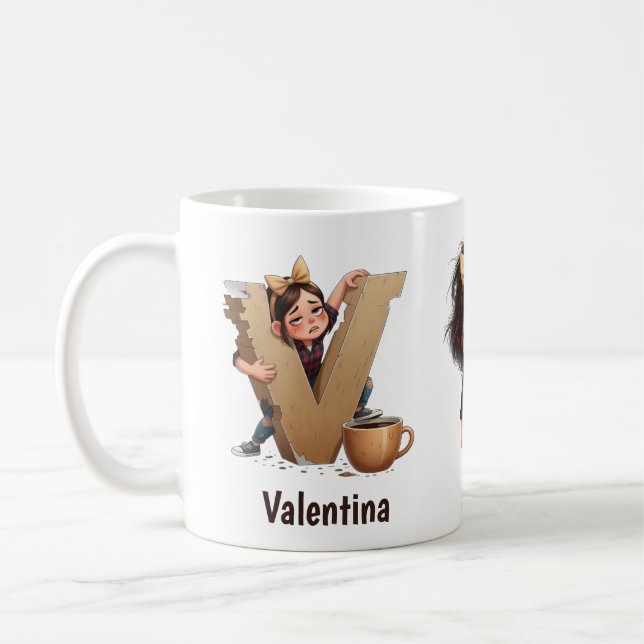 Taza De Café Personalized Name & V Sleepy Morning Plaid Charact (Izquierda)