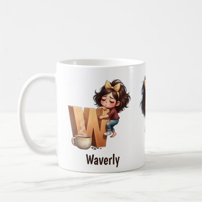 Taza De Café Personalized Name & W Sleepy Morning Plaid Charact (Izquierda)