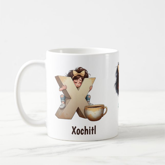 Taza De Café Personalized Name & X Sleepy Morning Plaid Charact (Izquierda)