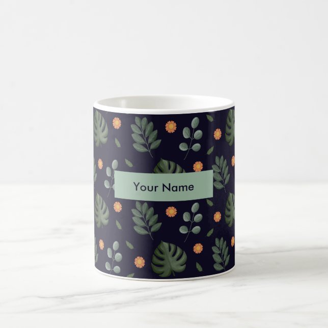 Taza De Café Personalized Navy Blue Botanical Floral Mug (Centro)