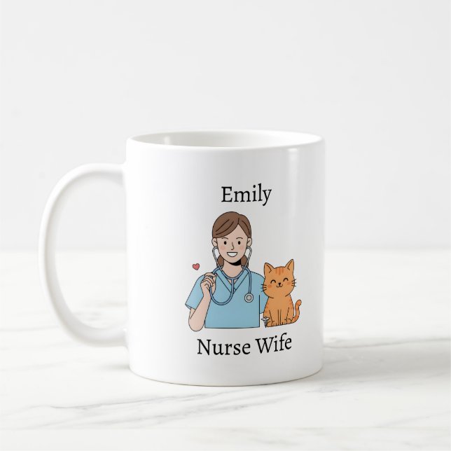 Taza De Café Personalized Nurse Cat Cute RN Gift with Name (Izquierda)