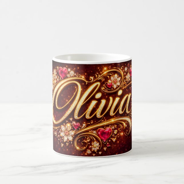 Taza De Café Personalized Olivia Mug Pink Hearts Gold Romantic  (Centro)