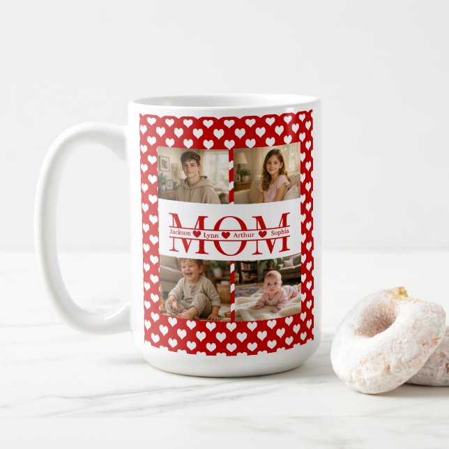 Taza De Café Personalized Photo Collage Mom Heart & Kids Name (Con donut)