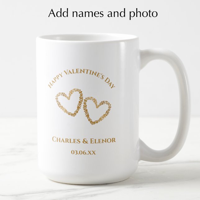 Taza De Café Personalized Photo Keepsake Valentines Day Gift (Add couples names, photo, and custom text. Create a unique heart Valentines Day keepsake gift.)