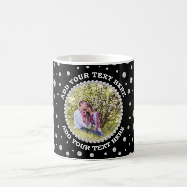 Taza De Café Personalized Photo with Pearls Circle on Black (Centro)