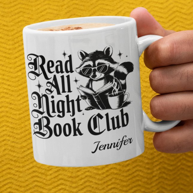 Taza De Café Personalized Read All Night Bookworm (White read all night book club mug with racoon)