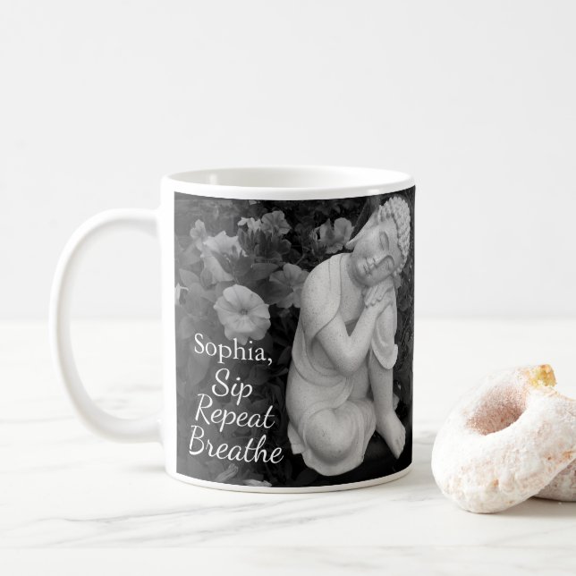 Taza De Café Personalized Sip Breathe Buddha Zen Black White (Con donut)