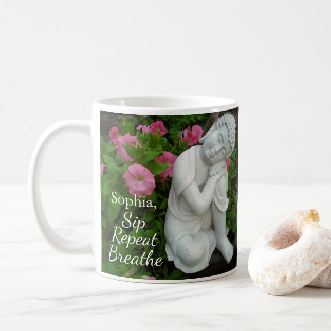 Taza De Café Personalized Sip Breathe Repeat Buddha Zen Name (Con donut)
