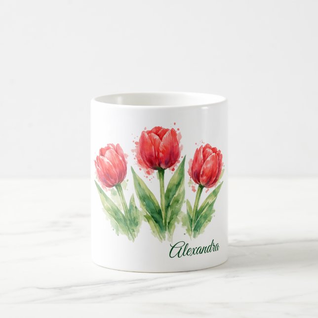 Taza De Café Personalized Watercolor Red Tulips  (Centro)