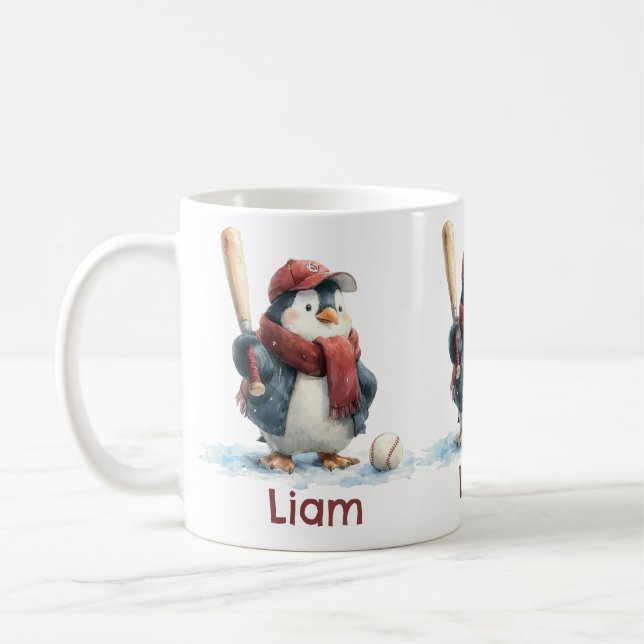 Taza De Café Personalized Winter Penguin Baseball Kid (Izquierda)