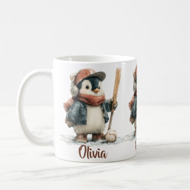 Taza De Café Personalized Winter Penguin Softball Kid (Izquierda)