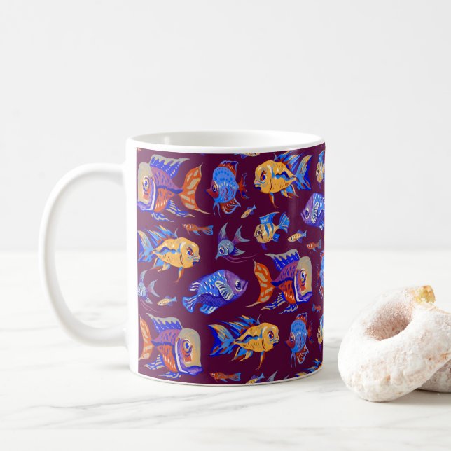 Taza De Café Pesca tropical divertida en morado oscuro (Con donut)