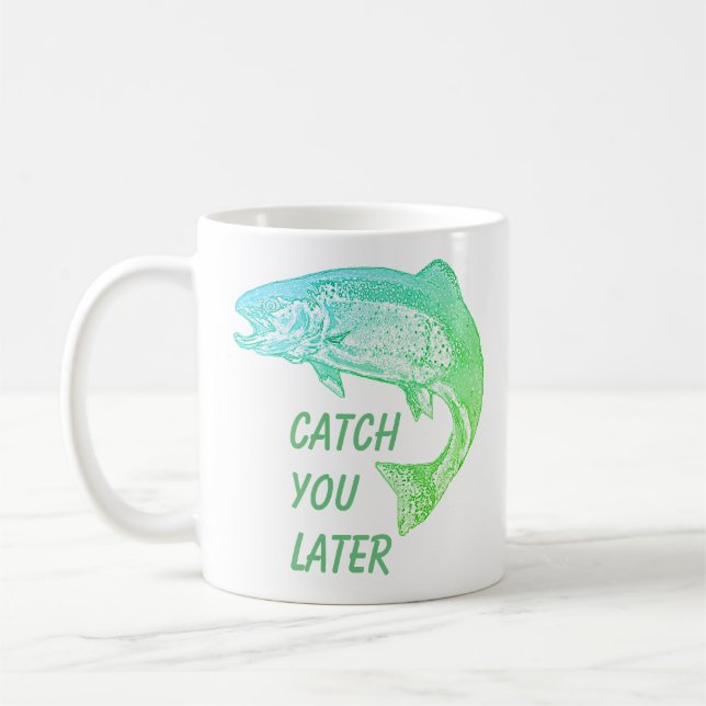 Taza De Café Pescado Capturado Después Cita Diversión De Fisher (Izquierda)