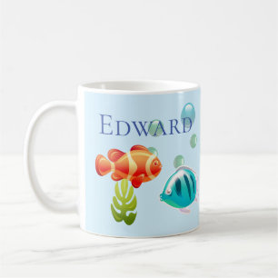 Taza De Café Pescado colorido con burbujas y algas marinas